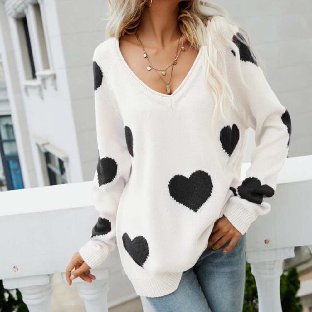 Boho Black Hearts Knit Oversized Sweater Top - Picture 7 of 10